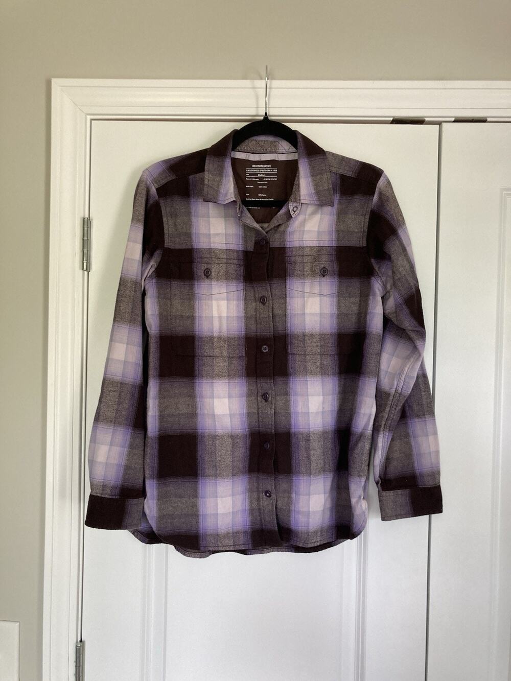 REI Co-op Flannel Women M Purple Gray Plaid Cotton Outdoor Hiking Casual